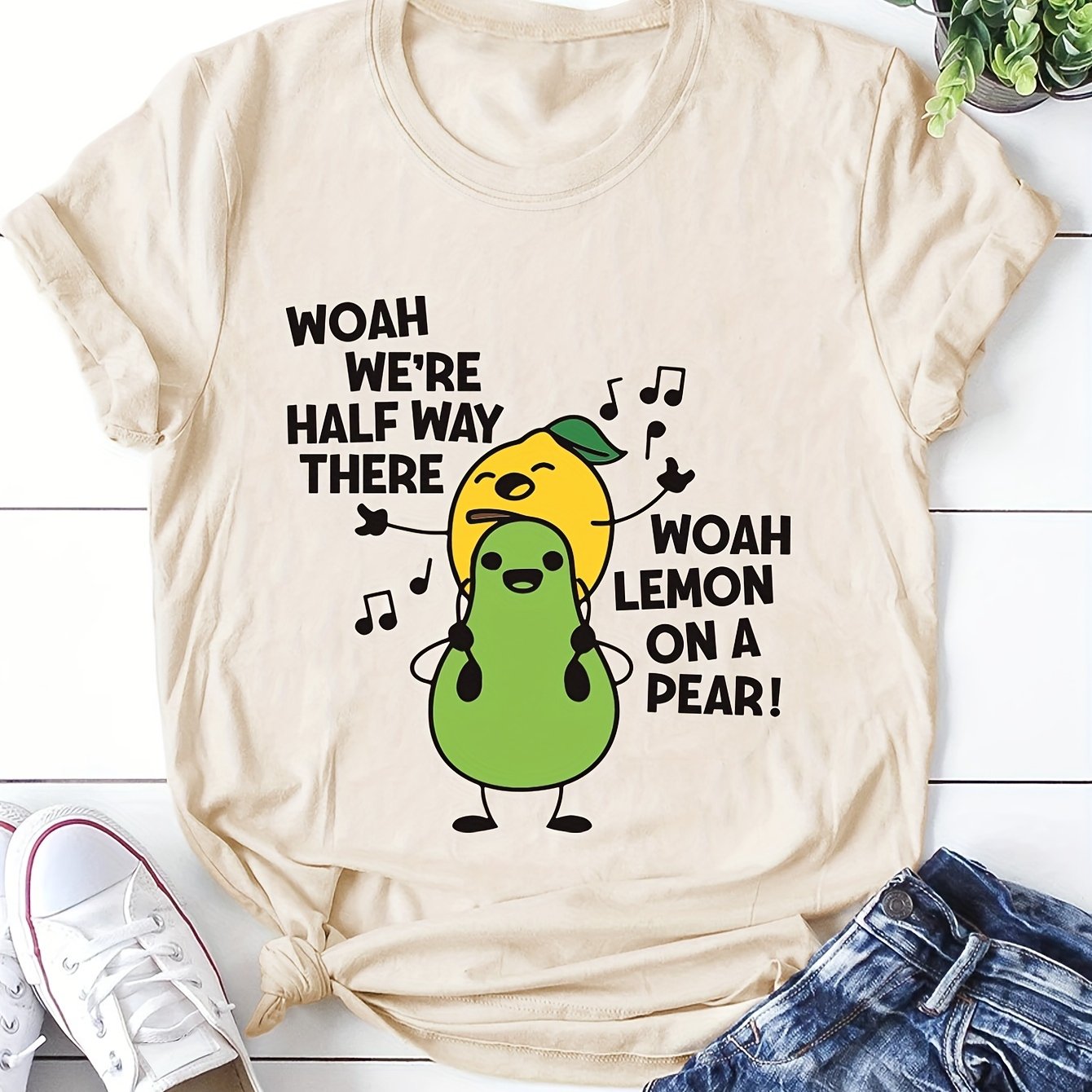 Women's Cartoon Fruit Print T-Shirt - Short Sleeve Casual Top for Summer and Spring