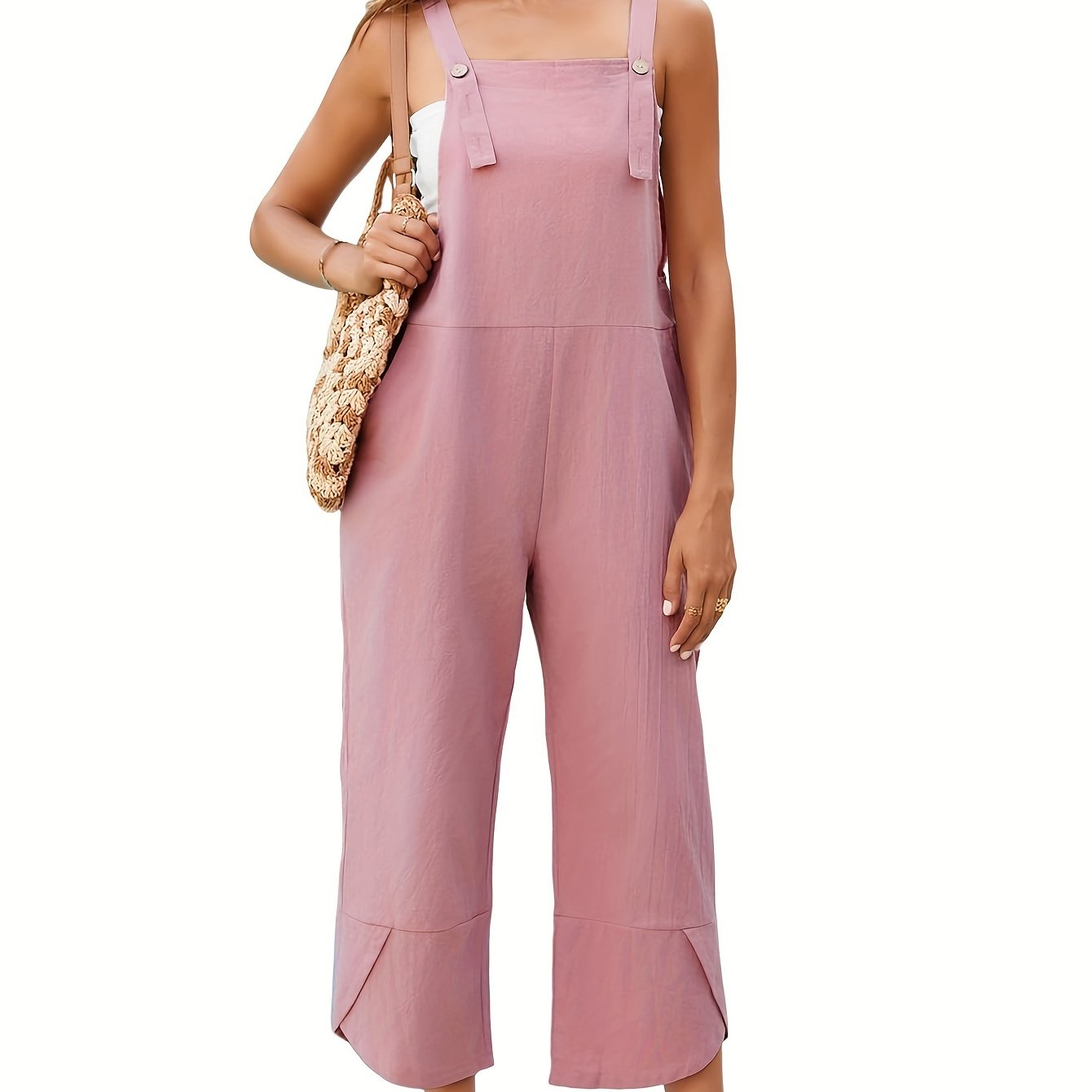 Solid Color Adjustable Strap Overall Jumpsuit, Casual Sleeveless Cropped Overall Jumpsuit With Pocket, Women's Clothing