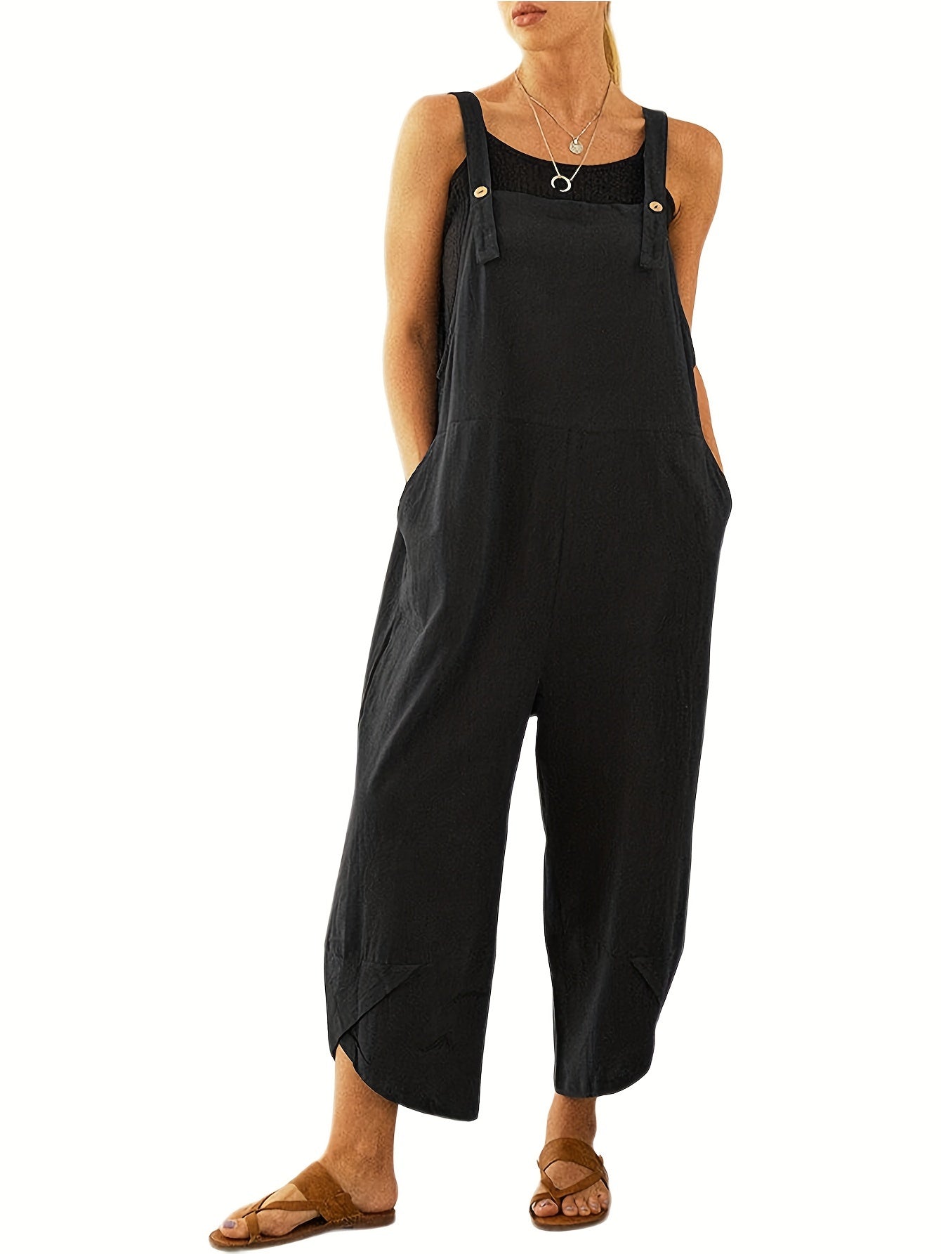 Solid Color Adjustable Strap Overall Jumpsuit, Casual Sleeveless Cropped Overall Jumpsuit With Pocket, Women's Clothing