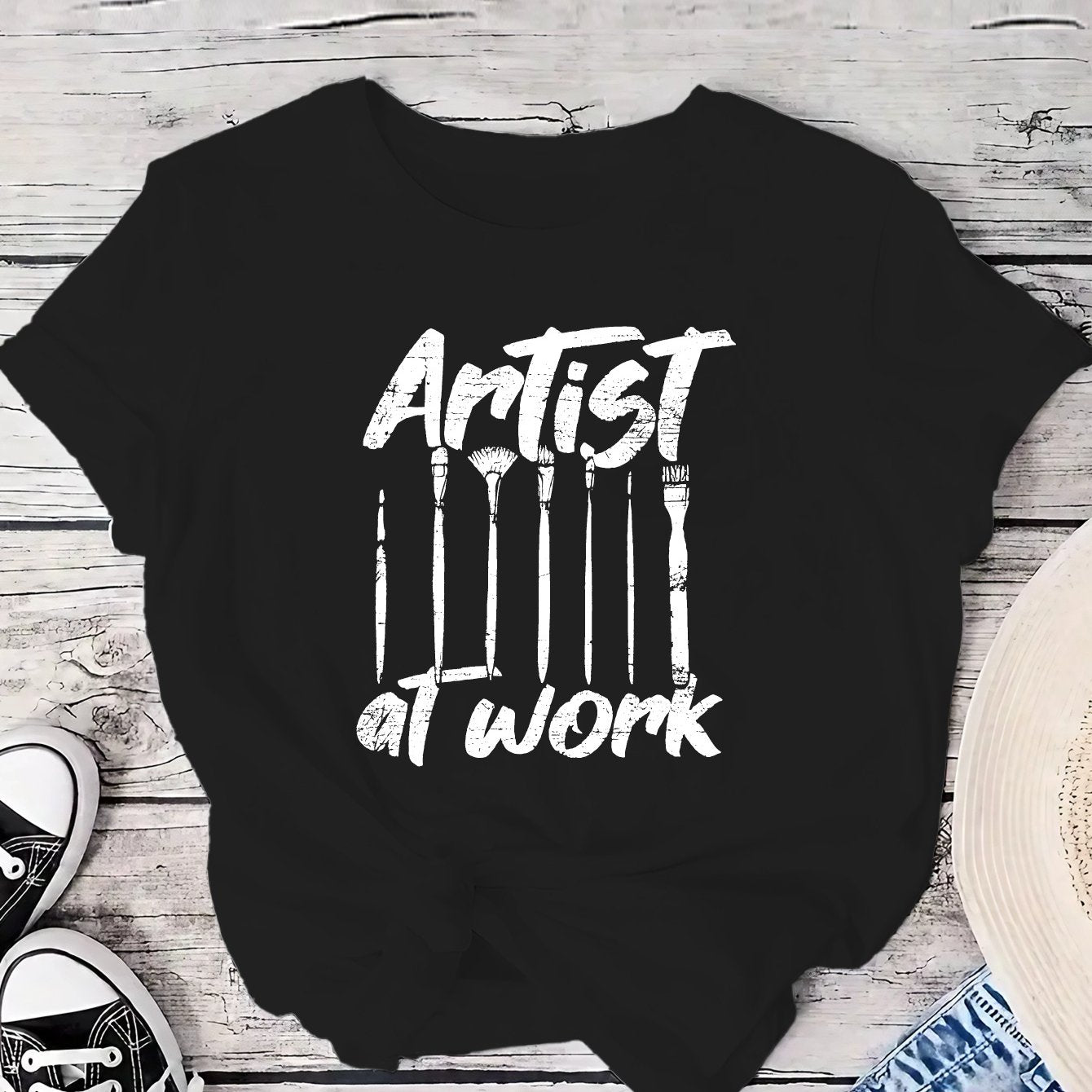 ARTIST AT WORK Print T-Shirt, Casual Short Sleeve Crew Neck T-Shirt For Spring & Summer, Women's Clothing