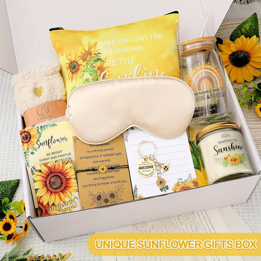 [Sunflower Gift] 13pcs Sunflower Gift Set | Mother's Day Gifts For Women, Get Well Soon Self Care Package With Glass Blanket Thinking Of You Birthday Holiday For Mom Wife Teacher Sister