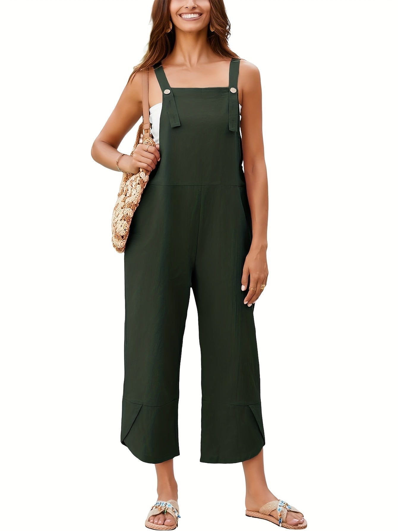 Solid Color Adjustable Strap Overall Jumpsuit, Casual Sleeveless Cropped Overall Jumpsuit With Pocket, Women's Clothing