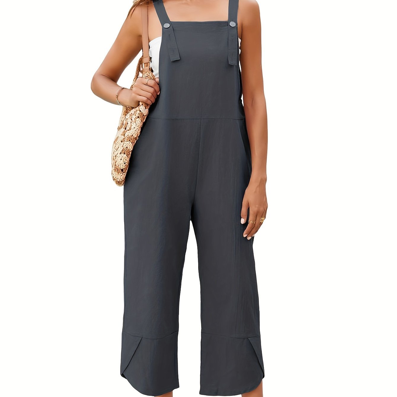 Solid Color Adjustable Strap Overall Jumpsuit, Casual Sleeveless Cropped Overall Jumpsuit With Pocket, Women's Clothing