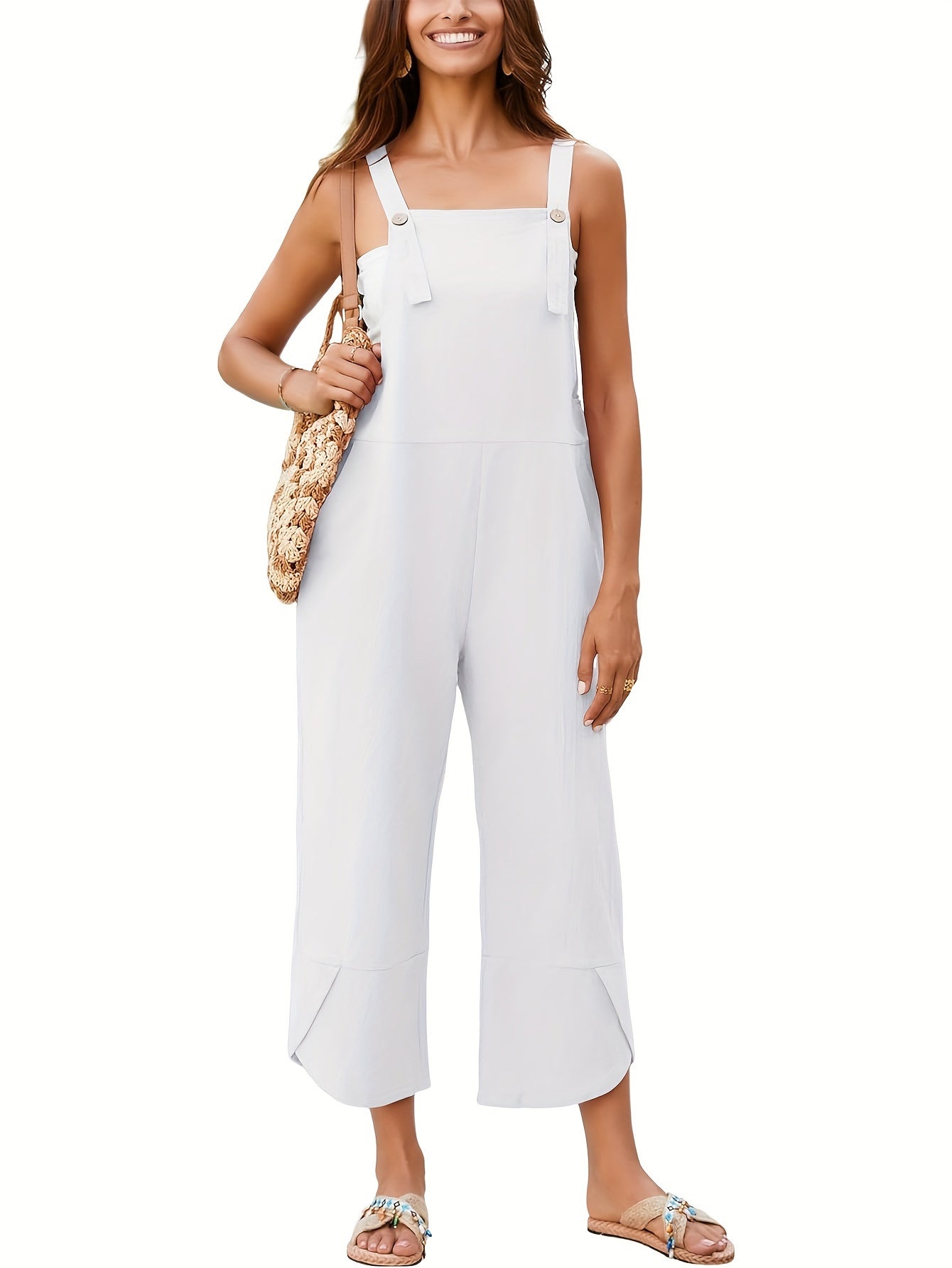 Solid Color Adjustable Strap Overall Jumpsuit, Casual Sleeveless Cropped Overall Jumpsuit With Pocket, Women's Clothing