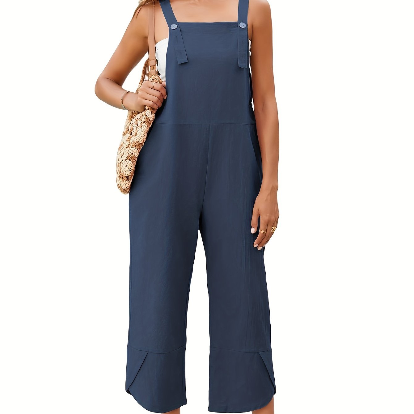 Solid Color Adjustable Strap Overall Jumpsuit, Casual Sleeveless Cropped Overall Jumpsuit With Pocket, Women's Clothing