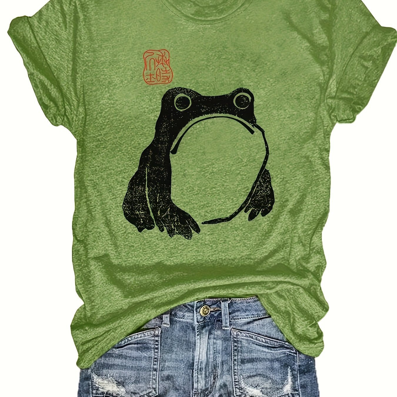 Frog Print Crew Neck T-Shirt, Casual Short Sleeve T-Shirt For Spring & Summer, Women's Clothing