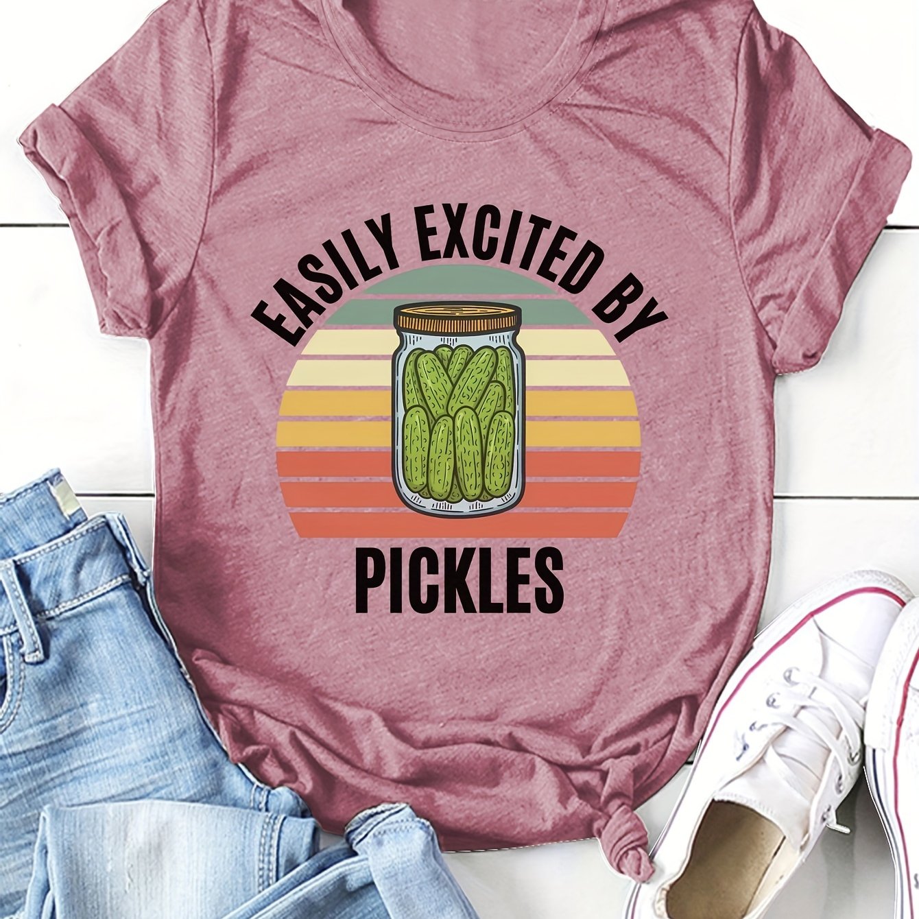 Women's Pickle Print T-Shirt - Fun and Casual Short Sleeve Top for Spring and Summer