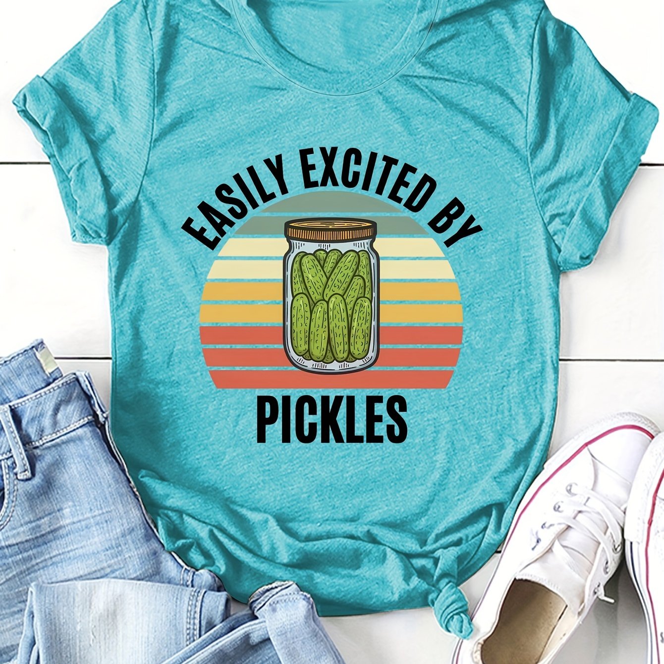 Women's Pickle Print T-Shirt - Fun and Casual Short Sleeve Top for Spring and Summer