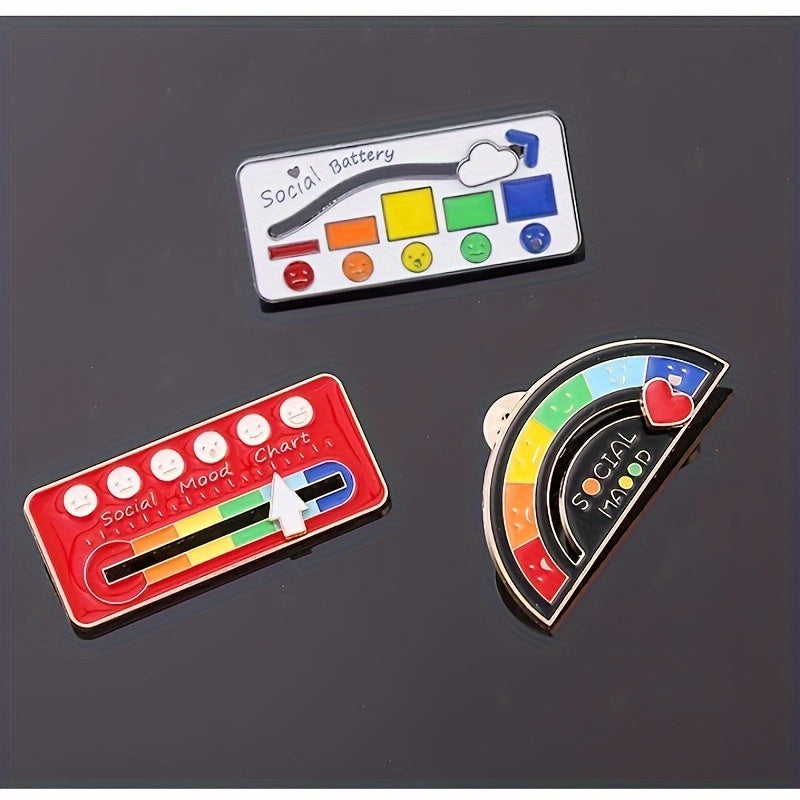 3Pcs/set Cartoon Social Expression Battery Brooch Fun Rainbow Mood Change Badge Metal Pin Clothing Accessories Bag Hat Accessories