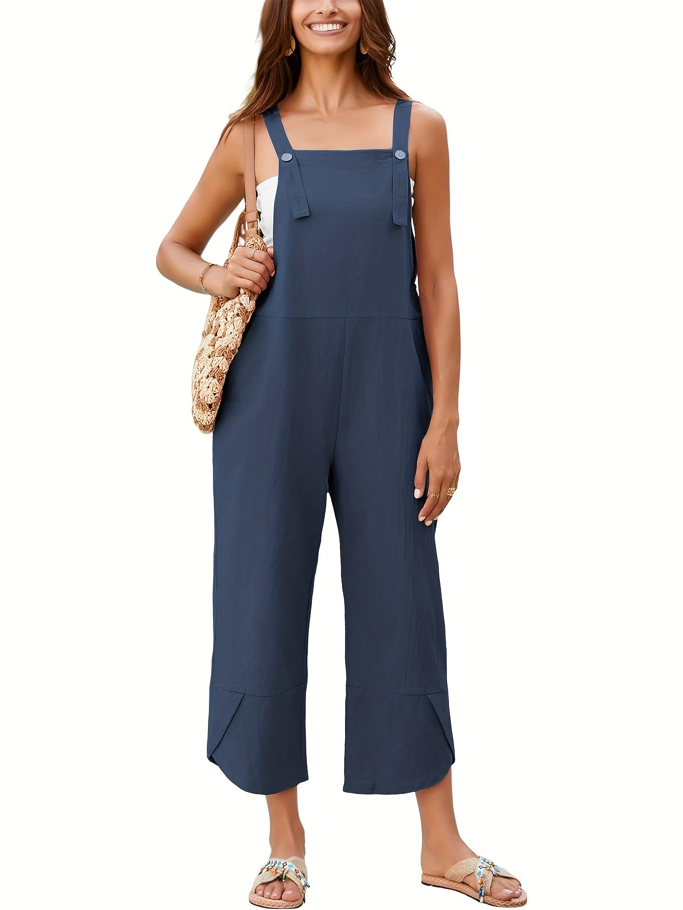 Solid Color Adjustable Strap Overall Jumpsuit, Casual Sleeveless Cropped Overall Jumpsuit With Pocket, Women's Clothing