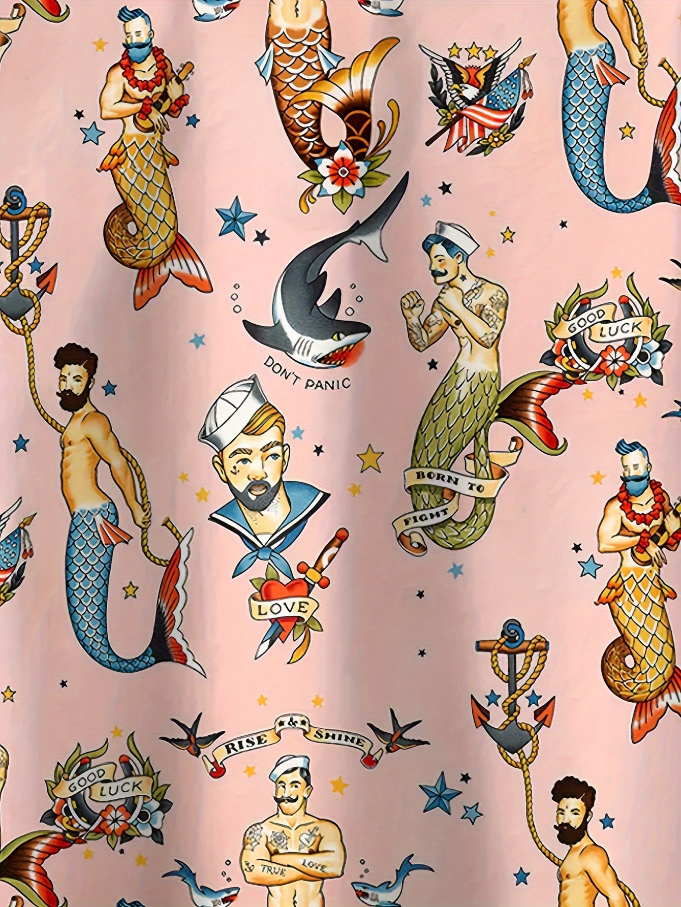 Moab Curation - Men's Merman Sailor Jerry Pattern Allover Printed Short Sleeve Hawaiian Style Shirt for Summer Resort Vacation