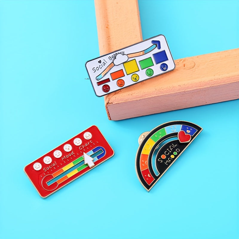 3Pcs/set Cartoon Social Expression Battery Brooch Fun Rainbow Mood Change Badge Metal Pin Clothing Accessories Bag Hat Accessories