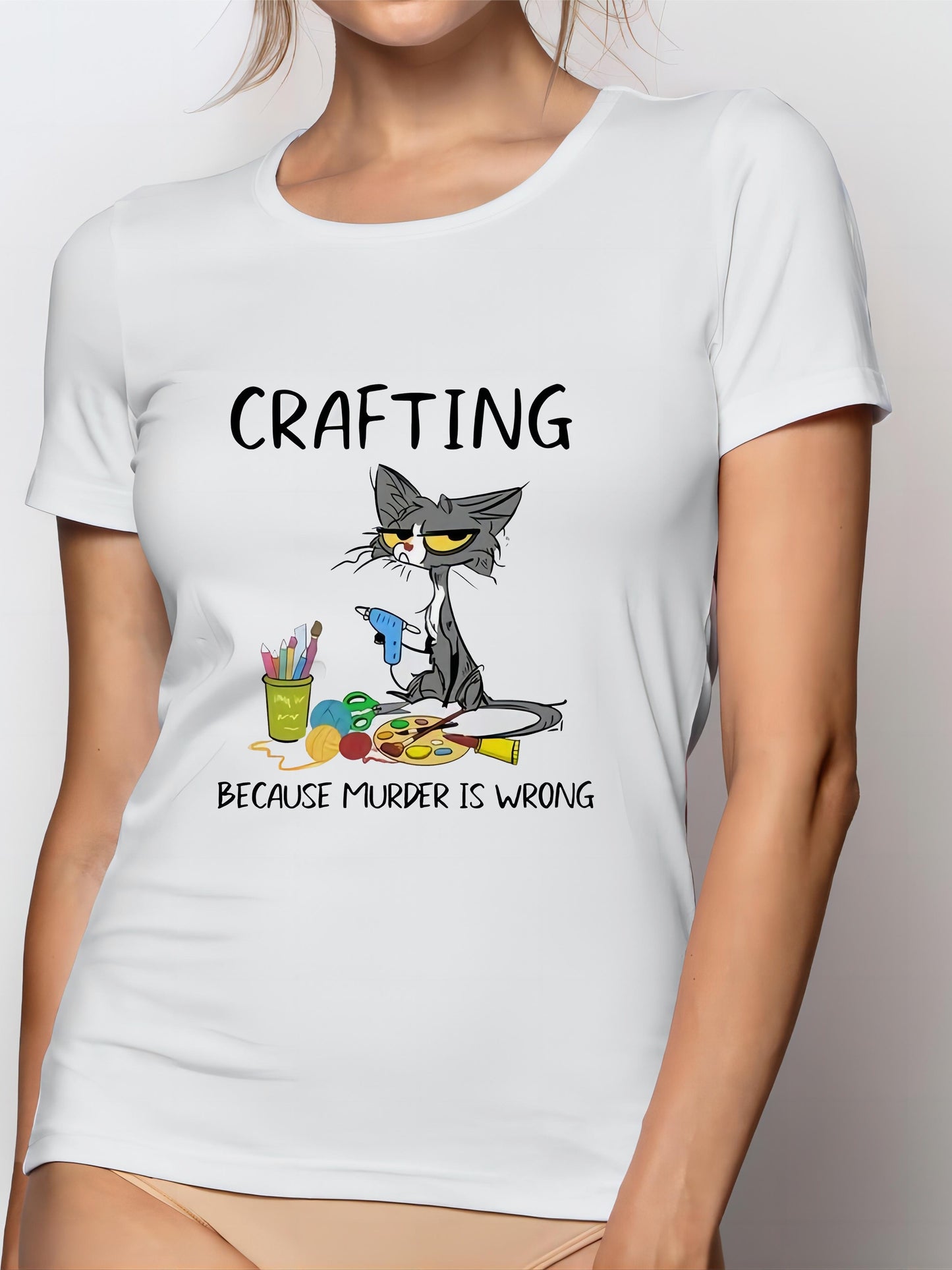 Women's Graphic T-Shirt, Casual Crew Neck With "Crafting Because Murder Is Wrong" Cartoon Cat Print, Short Sleeve Tee, Fun Craft Lover Top For Spring & Summer