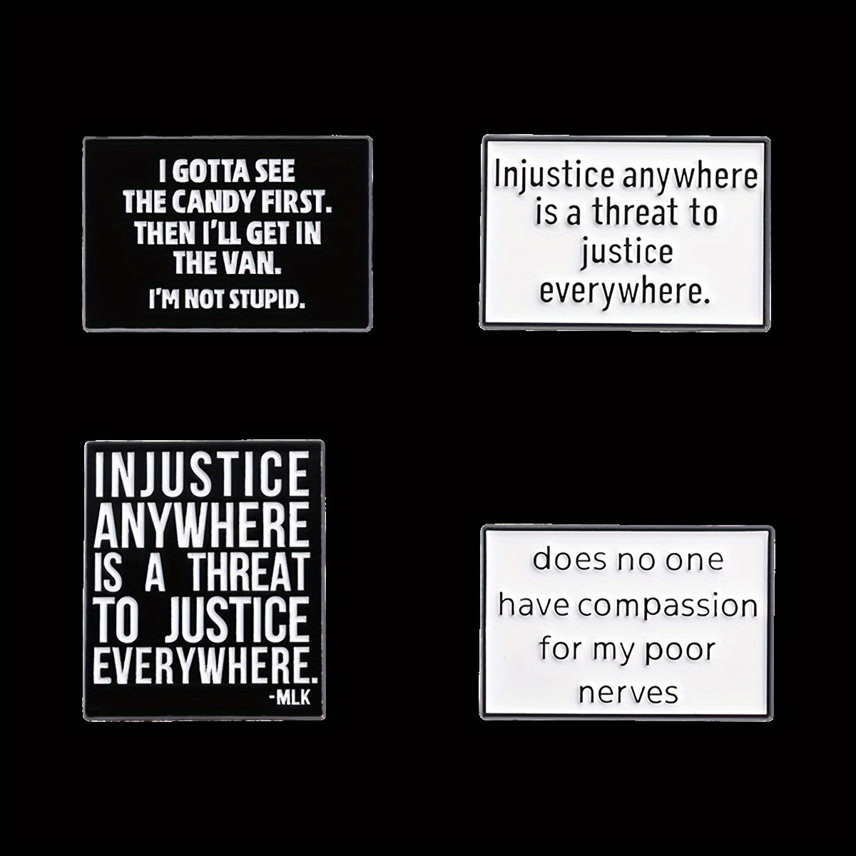 4pcs/set Famous Satire Quotes Badge Injustice Anywhere Is A Threat To Justice Everywhere Enamel Pin Backpack Lapel Brooch Jewelry Gifts