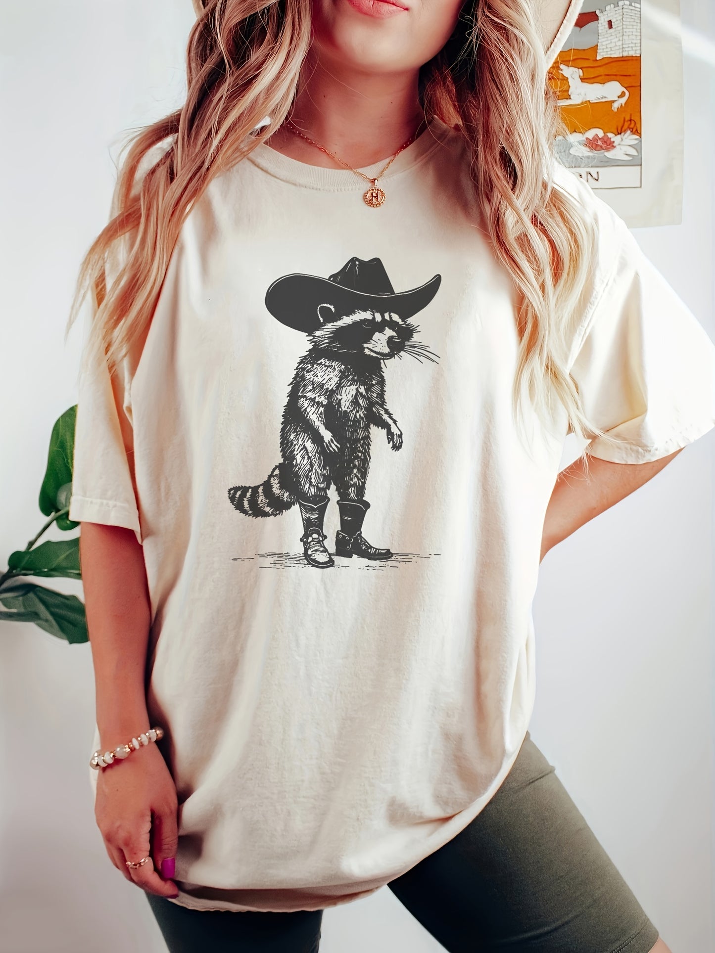 Racoon Print Crew Neck T-shirt, Short Sleeve Casual Top For Summer & Spring, Women's Clothing