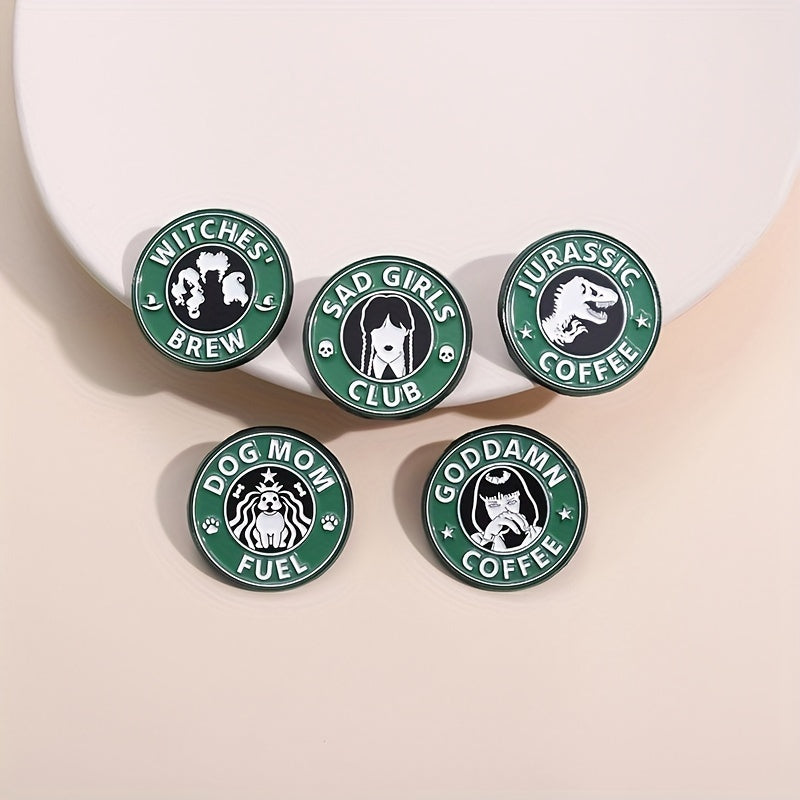 5pcs Men's Vintage Alloy Enamel Lapel Pin Set - Unique Green Round Cartoon Metal Brooch Badges For Clothing Accessories