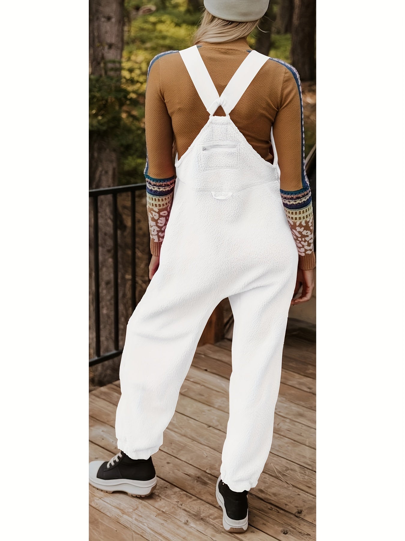 Cozy Women's Fleece Overalls - Warm & Casual White Jumpsuit with Pockets, Adjustable Straps, Polyester, Machine Washable for Winter Comfort, Comfy Clothes