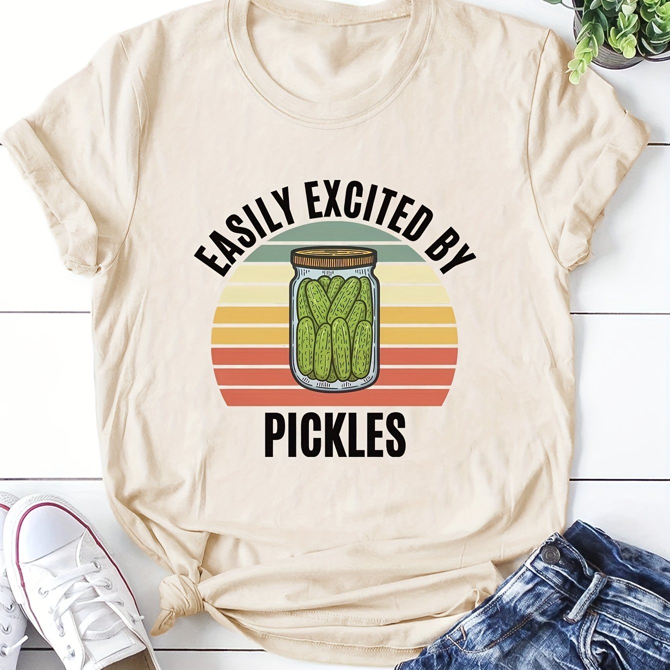 Women's Pickle Print T-Shirt - Fun and Casual Short Sleeve Top for Spring and Summer