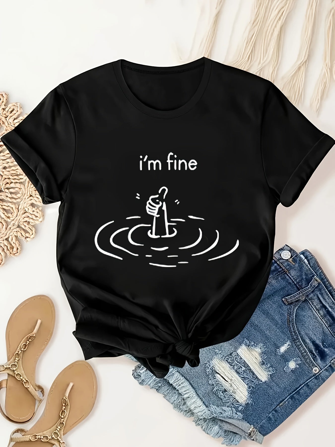 Women's Loose Short Sleeve Crew Neck T Shirt, I'm Fine Tee Shirt Funny Graphic T Shirts For Women, 100% Cotton Crew Neck Short Sleeve Summer Loose Tops, Comfortable Plus Size Women's Clothing