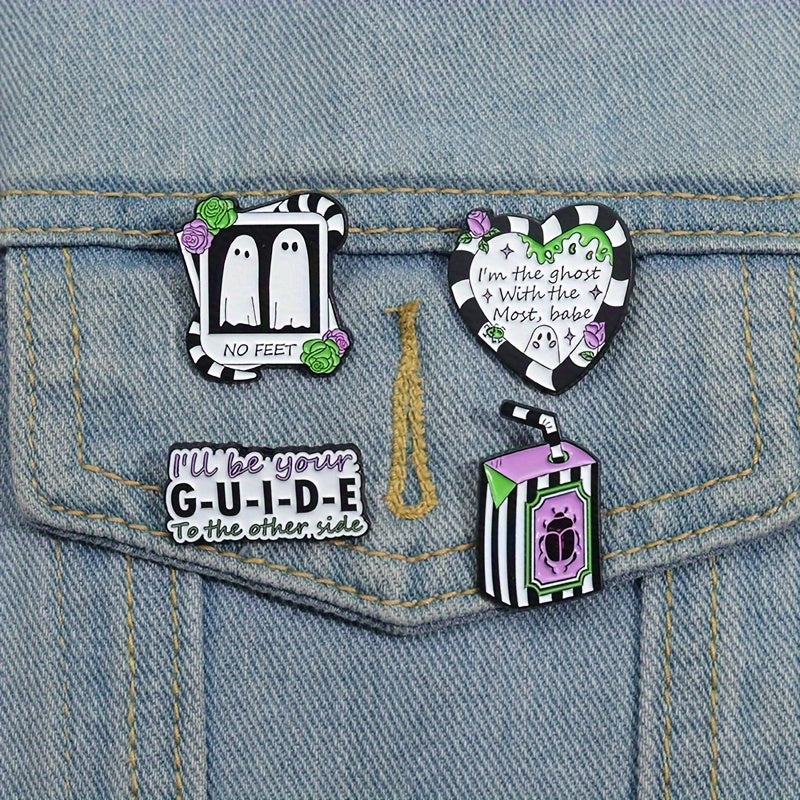 4pcs/set I'M The Ghost With The Most Babe Enamel Pins No Feet Cute Ghost Photos Brooches Lapel Badges Punk Jewelry Gift For Friends