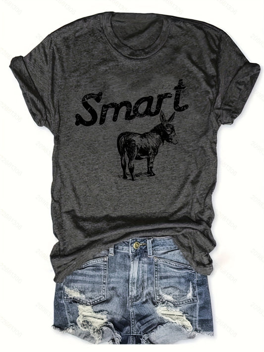 Donkey Print Crew Neck T-shirt, Casual Short Sleeve Top For Spring & Summer, Women's Clothing