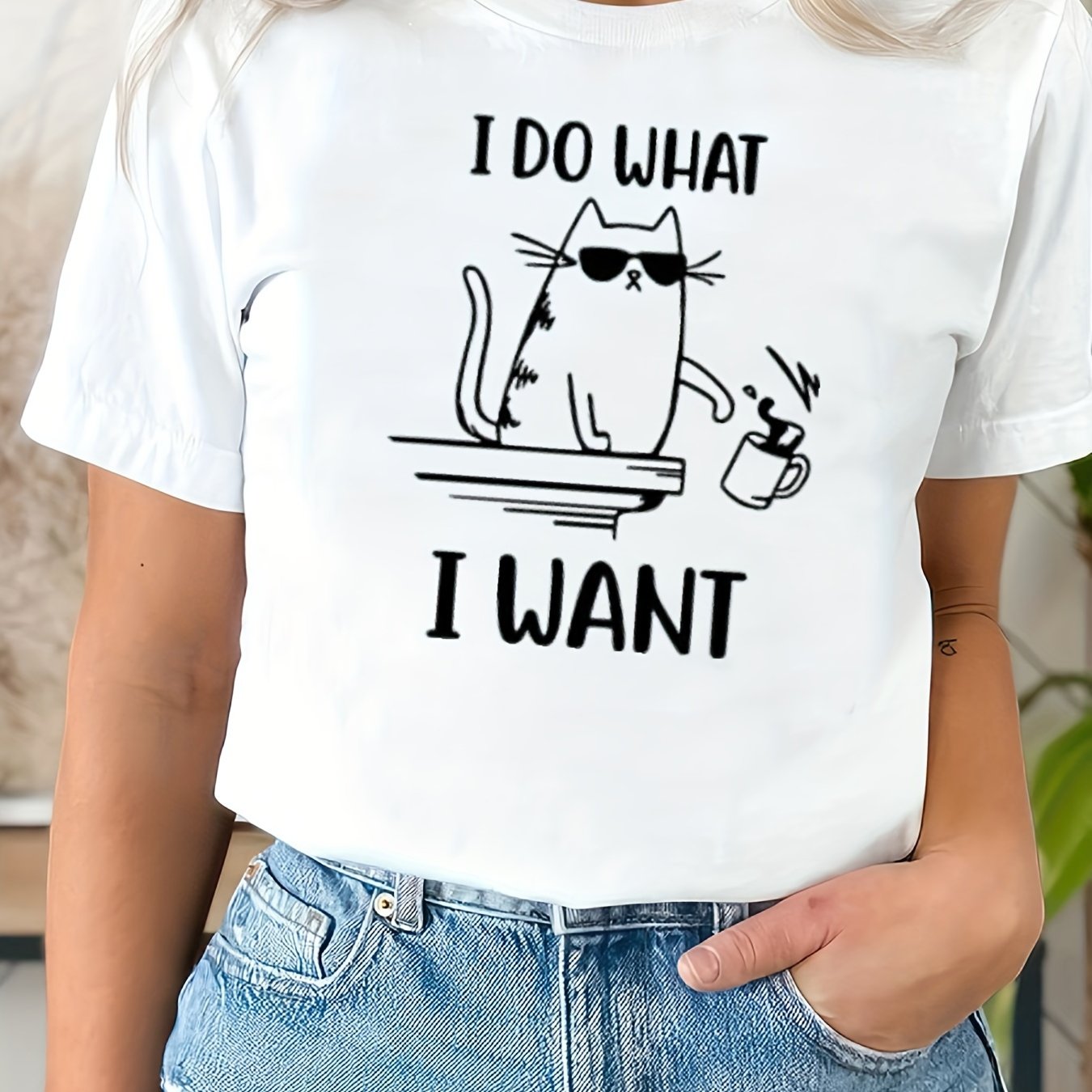 Women's Lightweight Summer Tee With 'I DO WHAT I WANT' Cat Graphic, Premium Cotton, Comfortable Fit, Fashionable & Funny, Ideal For Summer Outings, Short Sleeve