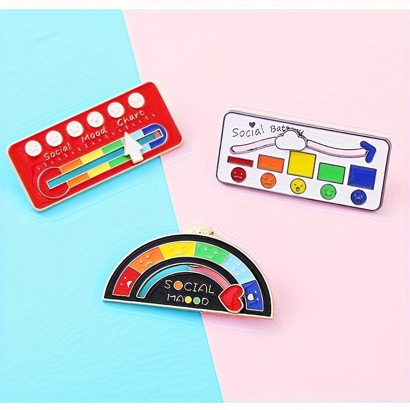 3Pcs/set Cartoon Social Expression Battery Brooch Fun Rainbow Mood Change Badge Metal Pin Clothing Accessories Bag Hat Accessories