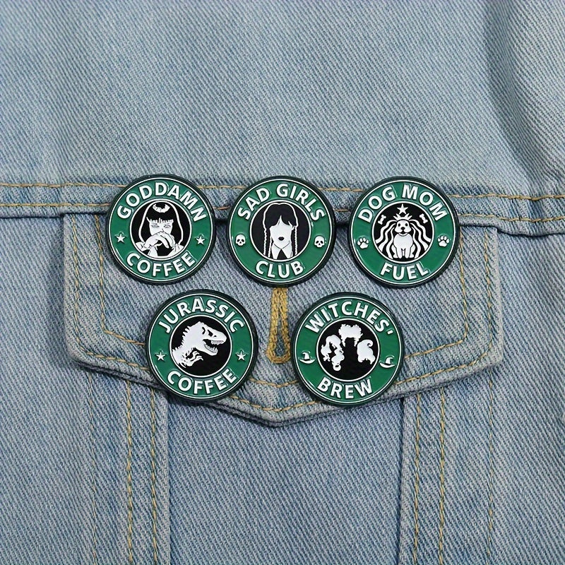 5pcs Men's Vintage Alloy Enamel Lapel Pin Set - Unique Green Round Cartoon Metal Brooch Badges For Clothing Accessories