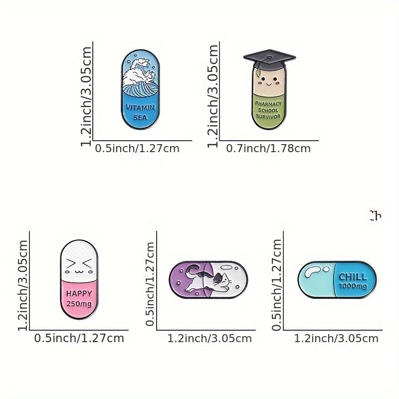 5 sets of cartoon cute medical treatment capsules, pill shaped metal badges, clothing cute and fun accessories