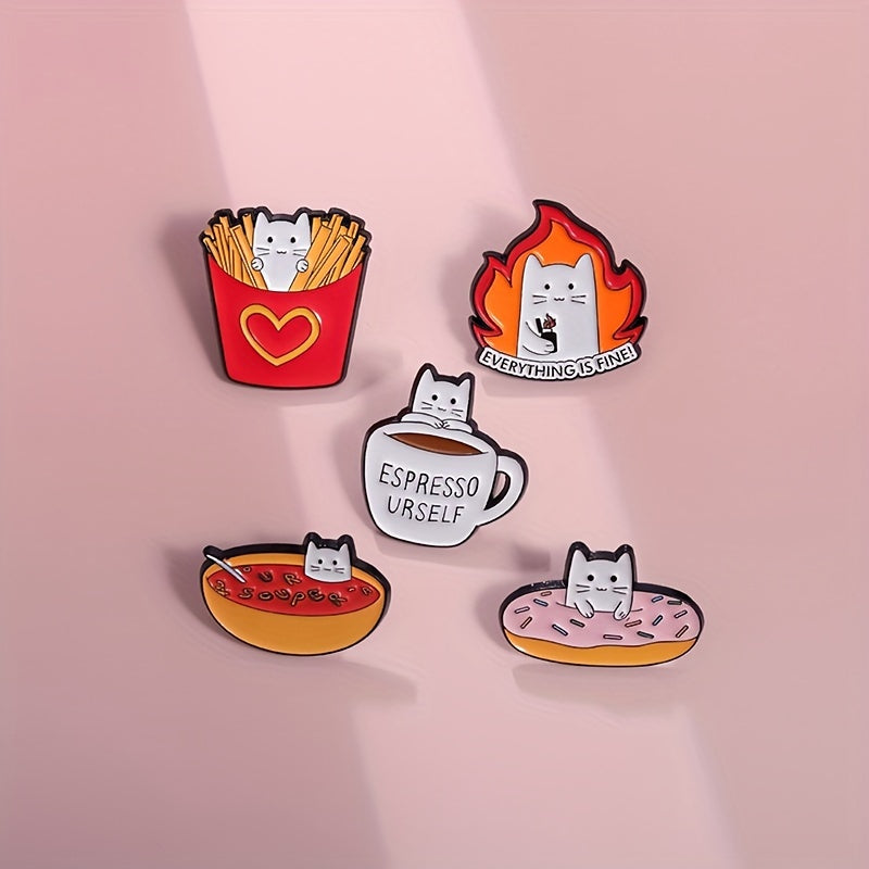 5pcs/set Cute Cat Enamel Pins Coffee Chip Donuts Metal Brooches Fashion Lapel Badge Backpack Clothes Animal Jewelry Gift for friends