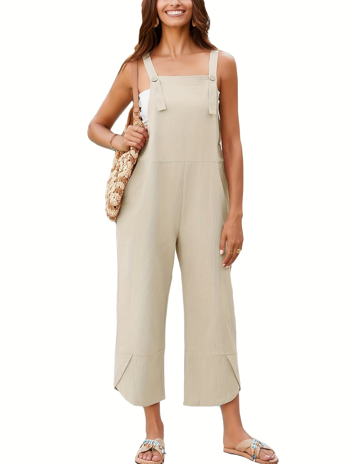 Solid Color Adjustable Strap Overall Jumpsuit, Casual Sleeveless Cropped Overall Jumpsuit With Pocket, Women's Clothing