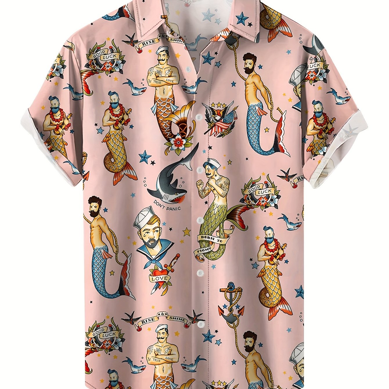 Moab Curation - Men's Merman Sailor Jerry Pattern Allover Printed Short Sleeve Hawaiian Style Shirt for Summer Resort Vacation