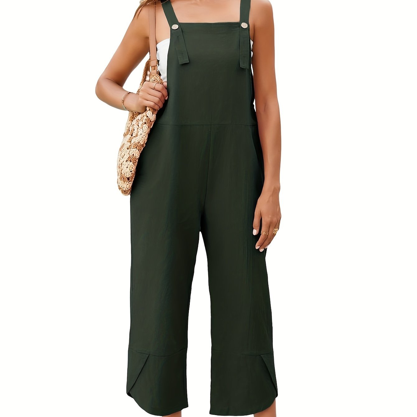 Solid Color Adjustable Strap Overall Jumpsuit, Casual Sleeveless Cropped Overall Jumpsuit With Pocket, Women's Clothing