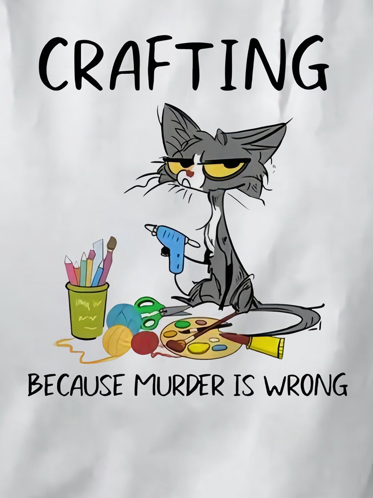 Women's Graphic T-Shirt, Casual Crew Neck With "Crafting Because Murder Is Wrong" Cartoon Cat Print, Short Sleeve Tee, Fun Craft Lover Top For Spring & Summer