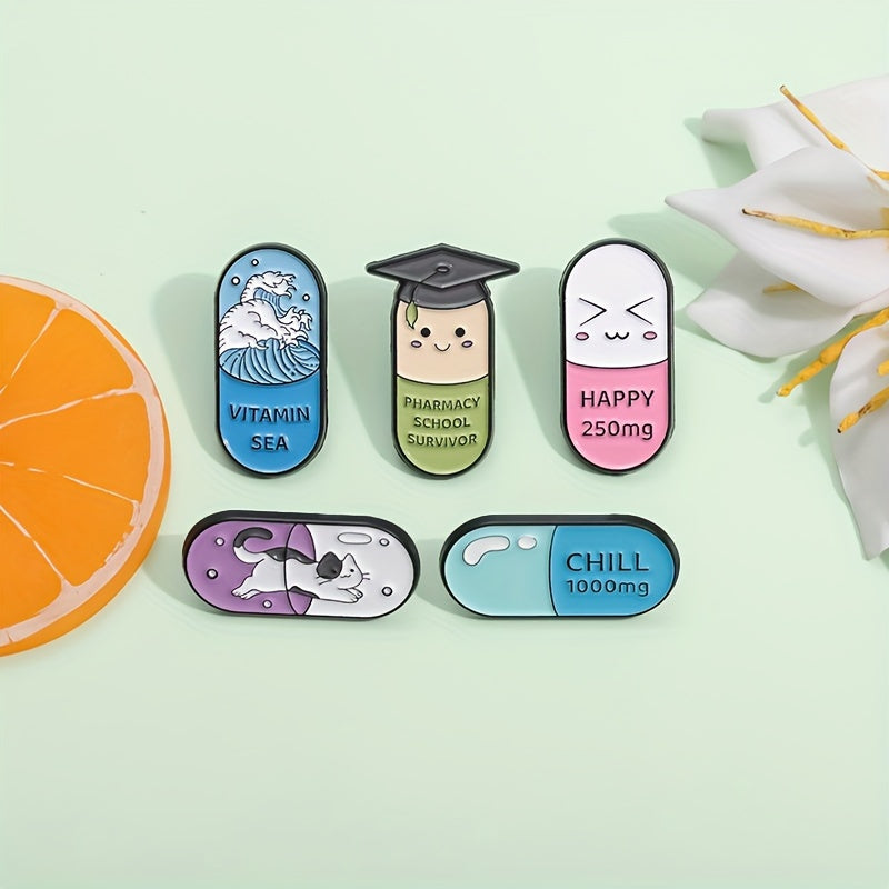 5 sets of cartoon cute medical treatment capsules, pill shaped metal badges, clothing cute and fun accessories