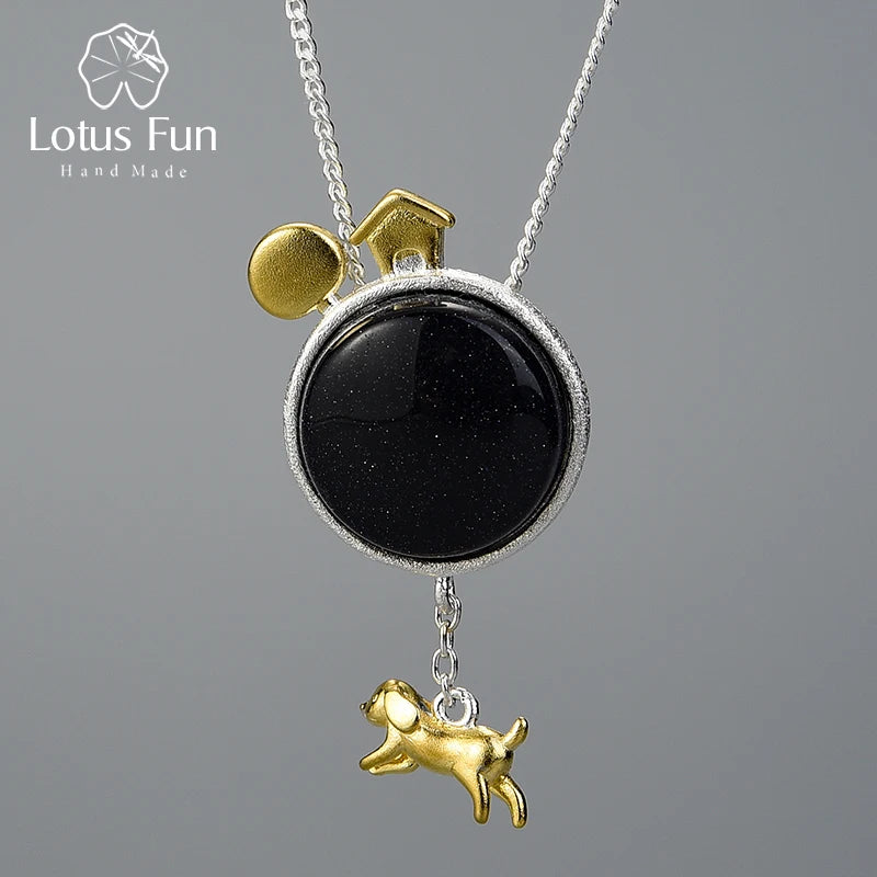 Lotus Fun Real 925 Sterling Silver Natural Gemstone Handmade Fine Jewelry Dog Escape From the Earth Pendant without Necklace