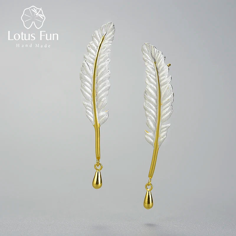 Lotus Fun 18K Gold Luxury Vintage Genuine 925 Sterling Silver Unusual Feather Earrings for Women Original Jewelry 2021 trend New