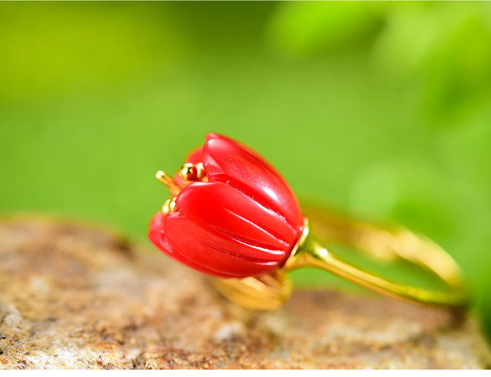 Lotus Fun Real 925 Sterling Silver 18k Gold Ring Red Coral Handmade Fine Jewelry Lily of the Valley Flower Rings For Women Gift