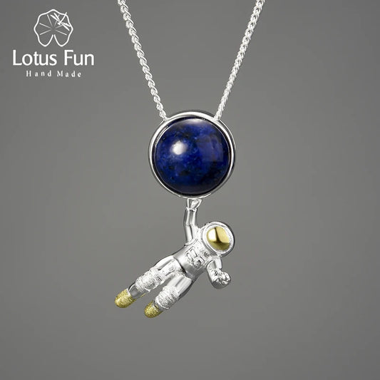 Lotus Fun Natural Lapis Lazuli Stone Space Odyssey Pendant Real 925 Sterling Silver Chains and Necklaces for Women Men's Jewelry