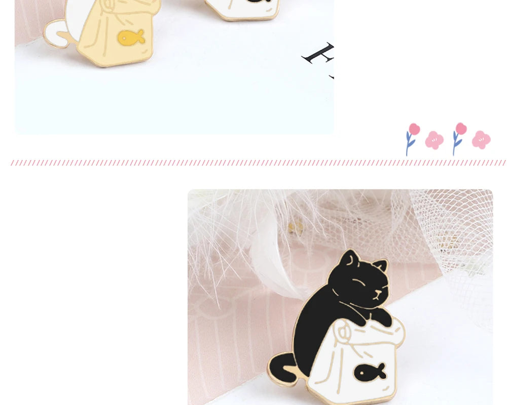 Cute Black White Cats Enamel Pins Dried Fish Bag Brooch Cartoon Animal Badges Denim Lapel Pin Jewelry Gift for Kids Best Friends