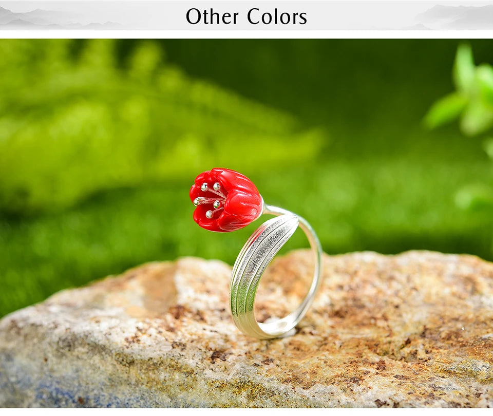 Lotus Fun Real 925 Sterling Silver 18k Gold Ring Red Coral Handmade Fine Jewelry Lily of the Valley Flower Rings For Women Gift