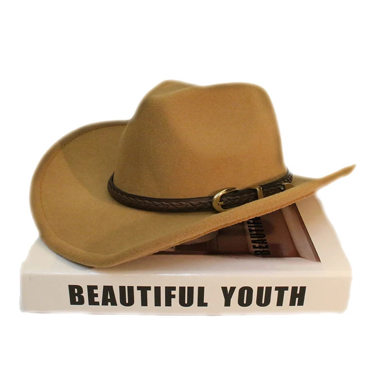 Coffee Leather Band Vintage Parent-child Women Men /Kid Child Wool Wide Brim Cowboy Western Hat Cowgirl Bowler Cap (54-57-61cm)