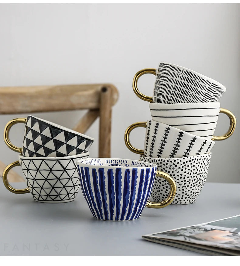 Hand Painted Geometric Ceramic Mugs With Gold Handle Handmade Irregular Cups For Coffee Tea Milk Oatmeal Creative Birthday Gifts