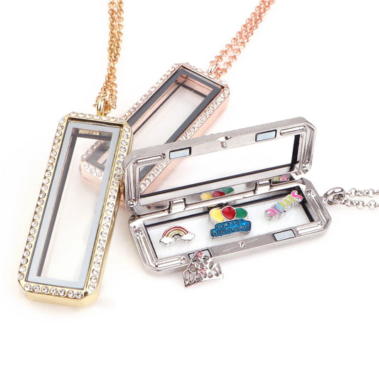 1Pc Vertical Rectangle Glass Memory Locket Pendant Women Necklaces Diy Men Floating Picture Living Medaillon Collares Jewelry