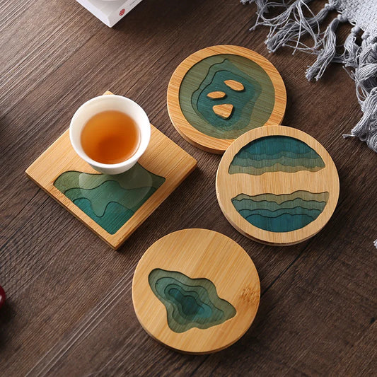 Bamboo Coaster Creative Epoxy Resin Transparent Bamboo Round Tea Coaster Cup Holder Potholder Tea Set Cocina Kitchen Accessories