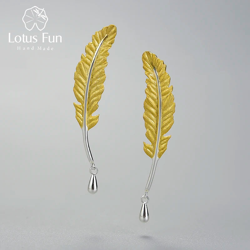 Lotus Fun 18K Gold Luxury Vintage Genuine 925 Sterling Silver Unusual Feather Earrings for Women Original Jewelry 2021 trend New