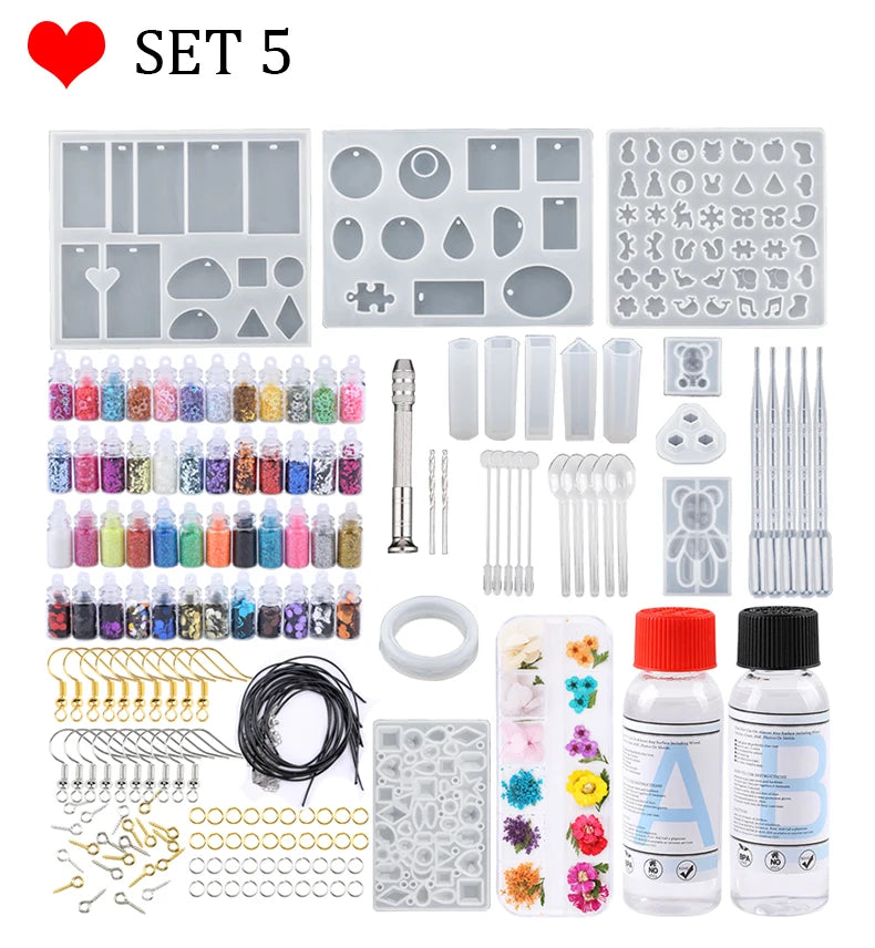 Epoxy Resin Kit for Beginners Silicone Resin Mold Set with DIY Supplies Tools, Glitter Sequins, Foil Flakes for Jewelry Making