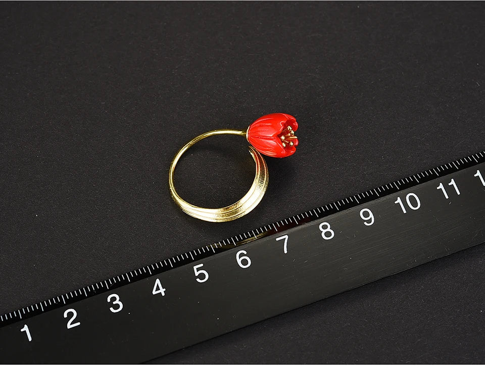 Lotus Fun Real 925 Sterling Silver 18k Gold Ring Red Coral Handmade Fine Jewelry Lily of the Valley Flower Rings For Women Gift