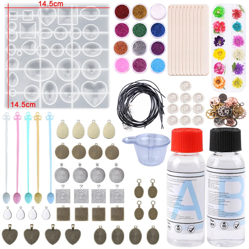 Epoxy Resin Kit for Beginners Silicone Resin Mold Set with DIY Supplies Tools, Glitter Sequins, Foil Flakes for Jewelry Making