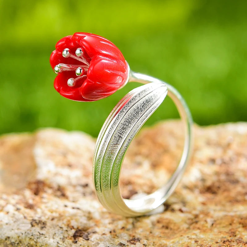 Lotus Fun Real 925 Sterling Silver 18k Gold Ring Red Coral Handmade Fine Jewelry Lily of the Valley Flower Rings For Women Gift